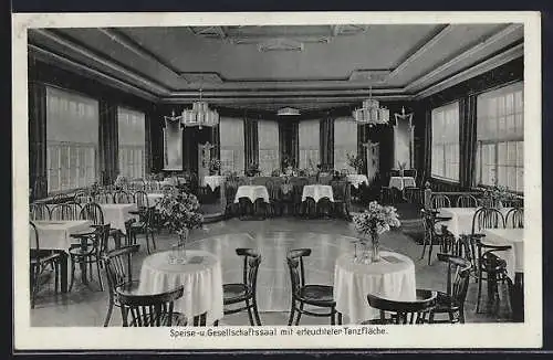 AK Colditz i. Sa., Hotel Waldschänke, Speise- und Gesellschaftssaal mit erleuchteter Tanzfläche, Innenansicht