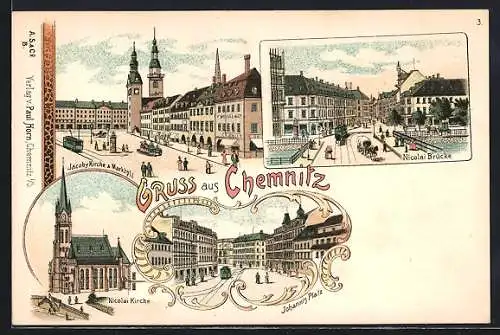AK Chemnitz, Nicolai Kirche, Nicolai Brücke, Johannis Platz