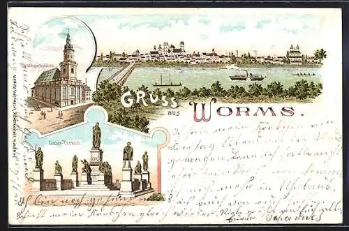 Lithographie Worms, Dreifaltigkeitskirche, Luther-Denkmal, Panorama