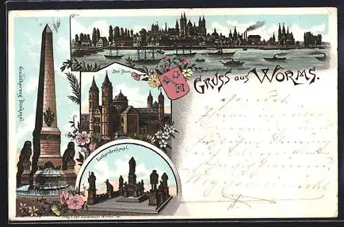 Lithographie Worms, Grossherzog Denkmal, Dom, Lutherdenkmal