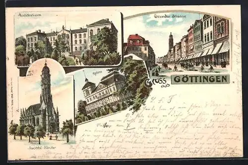 Lithographie Göttingen, Geender Strasse, Auditorium, Rohns, Jacobikirche