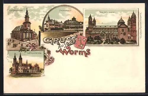 Lithographie Worms, Festspielhaus, Dom Seitenansicht, Dreifaltigkeitskirche