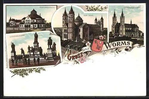 Lithographie Worms, Lutherdenkmal, Festspielhaus, Dom & Liebfrauenkirche