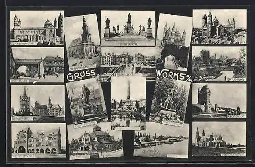 AK Worms /Rhein, Dom, Eleonorenschule, Festspielhaus, Lutherdenkmal