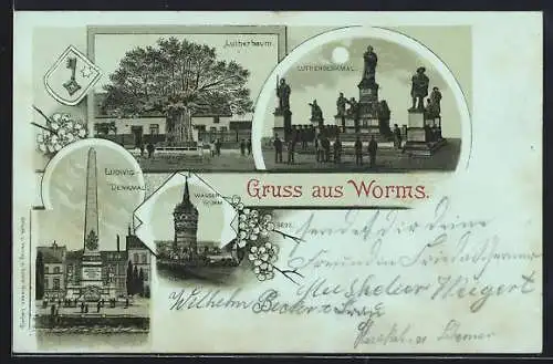 Mondschein-Lithographie Worms, Lutherbaum, Ludwig-Denkmal und Lutherdenkmal