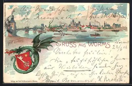 Lithographie Worms, Stadtpanorama, Drache mit Wappen