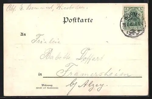 Lithographie Worms, Stadtpanorama, Drache mit Wappen