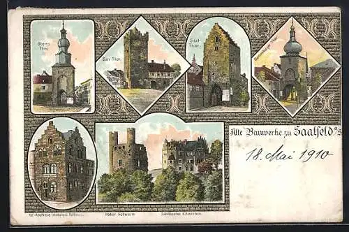 Lithographie Saalfeld a. S., Hof-Apotheke, Oberes Thor, Darr-Thor, Saal-Thor, Schlösschen Kitzerstein