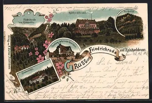Lithographie Friedrichroda, Gasthaus Inselsberg Gothaisch, Reinhardsbrunn, Klostermühle