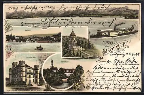 Lithographie Tutzing, Votivkirche, Starnberger See, Schloss Berg