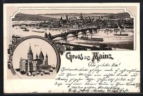 Lithographie Mainz, Totalansicht, Dom