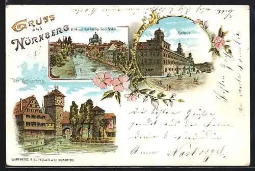 Lithographie Nürnberg, Warenhaus R. Schmoller & Co., Blick auf das heilige Geist Spital, Rathaus