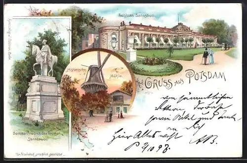 Lithographie Potsdam, Schloss Sanssouci, Denkmal Friedrich d.Grossen, Histor. Mühle