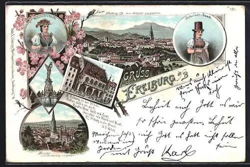 Lithographie Freiburg i. B., Münster, Stadtansicht, Volkstrachten von Gutach und Elzach