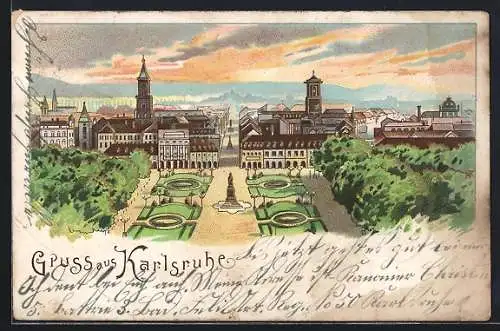 Lithographie Karlsruhe, Ortsansicht mit Parkanlage
