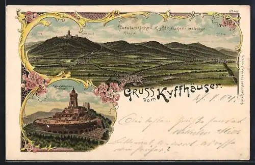 Lithographie Kyffhäuser, Totale von Tilleda bis Kelbra und Kaiser Wilhelm-Denkmal