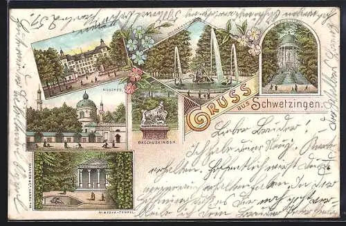 Lithographie Schwetzingen, Moschee, Minerva-Tempel, Apollo-Tempel, Schloss und Grosse Fontäne