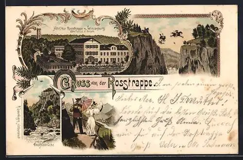 Lithographie Thale, Hotel zur Rosstrappe, Winzenburg, Teufelsbrücke, Wanderer und seine Frau, stürzender Reiter