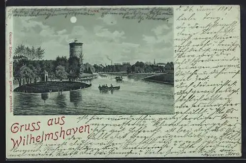 Mondschein-Lithographie Wilhelmshaven, Flusspartie im Park
