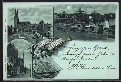 Mondschein-Lithographie Lübeck, Marktplatz, Hafen, Breitestrasse mit Rathaus