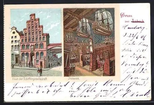 Lithographie Lübeck, Haus der Schiffergesellschaft mit Innenansicht