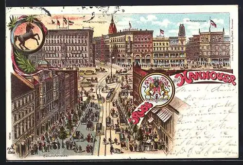 Lithographie Hannover, Bahnhofstrasse mit Strassenbahn, Gr. Packhofstrasse, Karmarschstrasse
