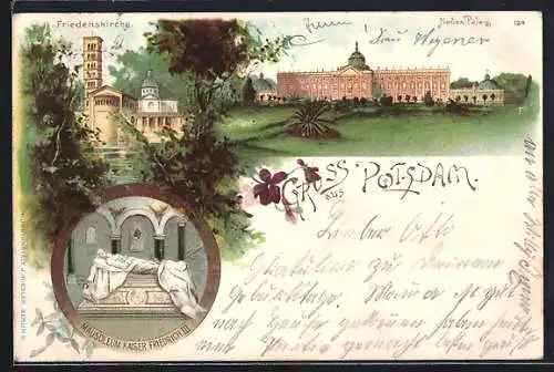 Lithographie Potsdam, Mausoleum Kaiser Friedrich III, Neues Palais, Friedenskirche