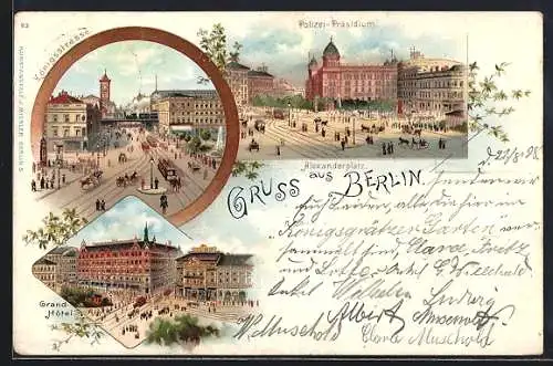 Lithographie Berlin, Alexanderplatz, Königstrasse mit Strassenbahn, Grand Hotel und Polizei Präsidium