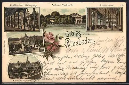 Lithographie Wiesbaden, Kochbrunnen-Säulengang, Kochbrunnen