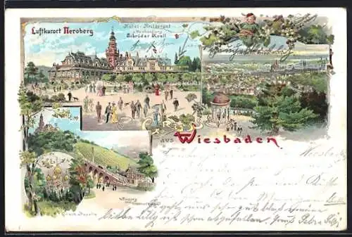 Lithographie Wiesbaden, Neroberg, Hotel-Restaurant Gebrüder Krell, Panorama und Griech. Kapelle