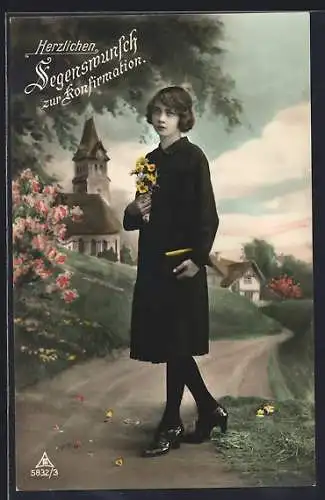 AK Segenswunsch zur Konfirmation, Mädchen mit Blumenstrauss