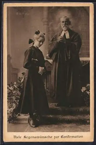 AK Segenswünsche zur Konfirmation, Priester und Mädchen mit gefalteten Händen