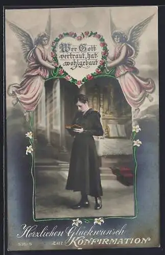 AK Konfirmandin mit Bibel, Passepartout mit zwei Engeln