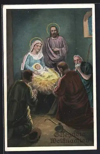 AK Gesegnete Weihnachten, Hirten knien vor der Krippe mit dem Christkind