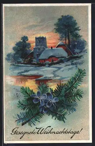 AK Weihnachtsgruss, Winterliches Dorf im Abendlicht, Tannenzweig mit Veilchen