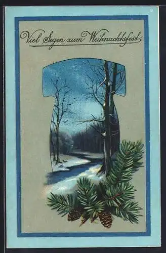 AK Segen zum Weihnachtsfest, Winterwald im Passepartout mit Tannenzweig