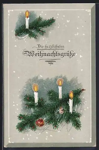 AK Weihnachtsgrüsse, Brennende Kerzen auf geschmückten Tannenzweigen