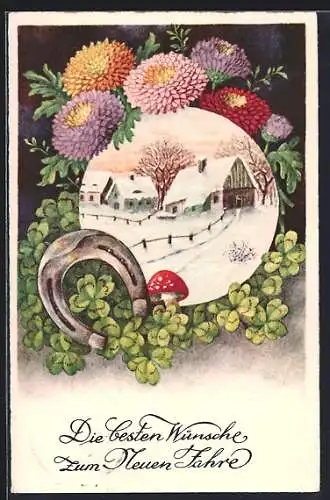 AK Neujahrsgruss, Winterliches Dorf im Passepartout mit Hufeisen und Kleeblättern