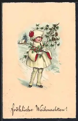 AK Fröhliche Weihnachten, Mädchen mit Mistelzweigen im Arm