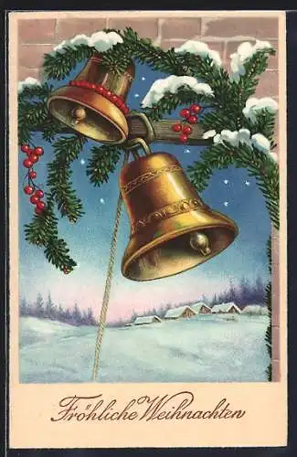 AK Fröhliche Weihnachten, Läutende Glocken über nächtlicher Winterlandschaft