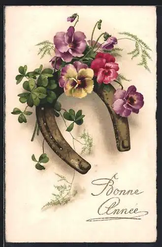 AK Hufeisen mit Kleeblättern und Stiefmütterchen, Bonne Année