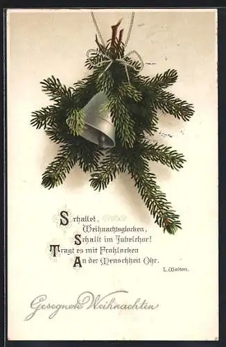 AK Gesegnete Weihnachten, Tannenzweig mit silberner Glocke