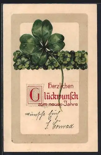 Präge-AK Glückwunsch zum neuen Jahre, Vierblättrige Kleeblätter
