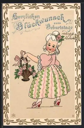 Künstler-AK Barockes Mädchen mit Blumenkorb, Glückwunsch zum Geburtstag