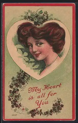 AK Frauenporträt in einem Herz, Kleeblatt-Passepartout, My heart is all for you