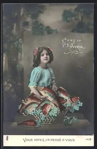 AK 1. April, Mädchen mit einem Korb voller Fische