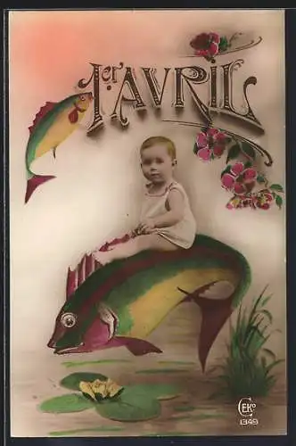 AK 1. April, Kleinkind reitet auf einem Fisch