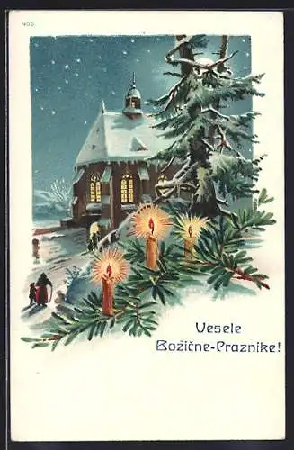 AK Verschneite Kirche an Weihnachten, Tannenzweig mit brennenden Kerzen