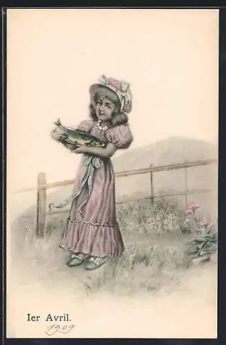 AK Mädchen mit einem Fisch vor einem Zaun, 1. April
