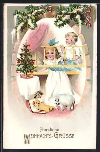 AK Kinder finden Weihnachtsgeschenke unter dem Tannenbaum